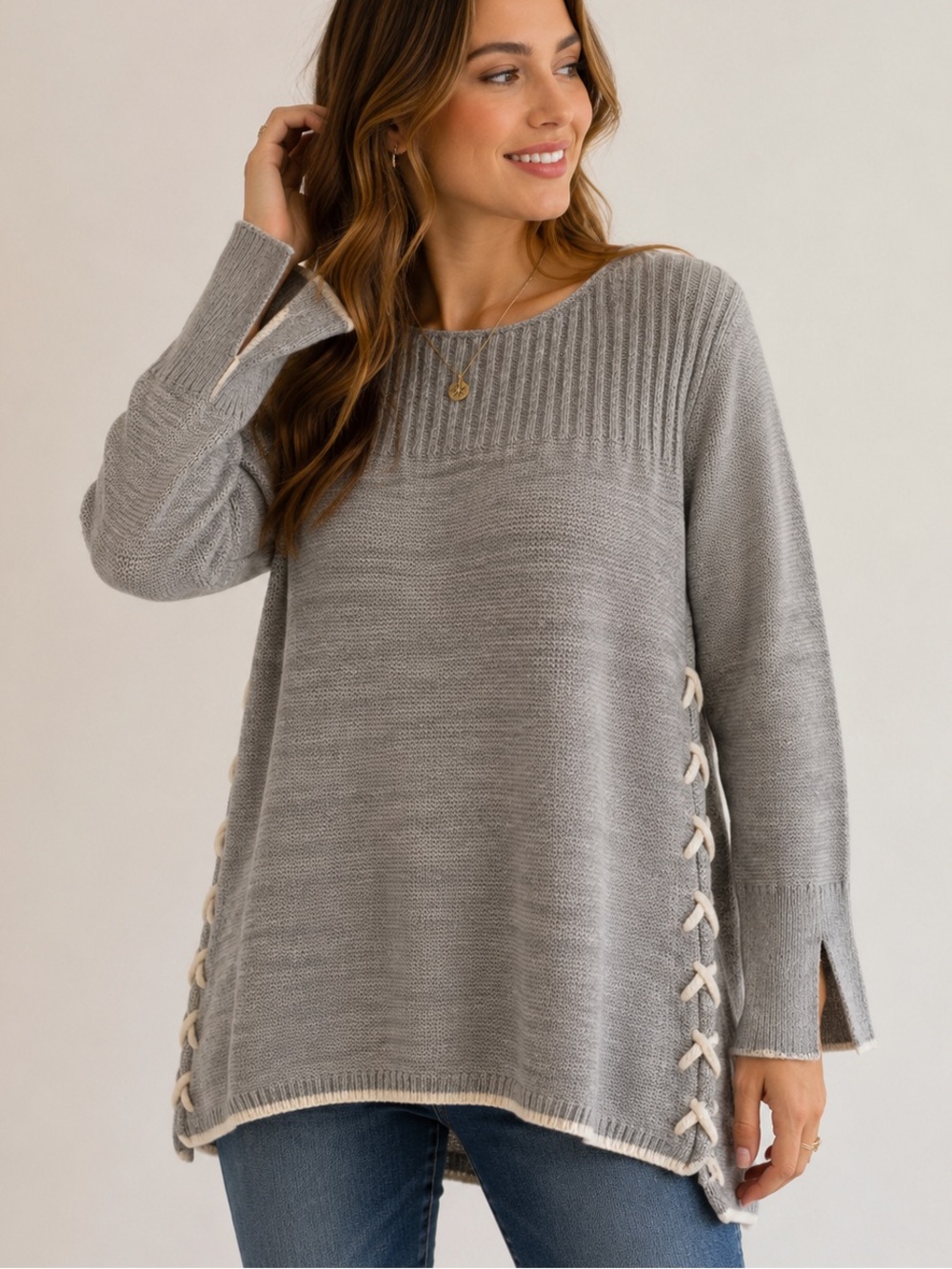 Knox Rose Gray Lace-Up Side Tunic Sweater Soft Knit XS